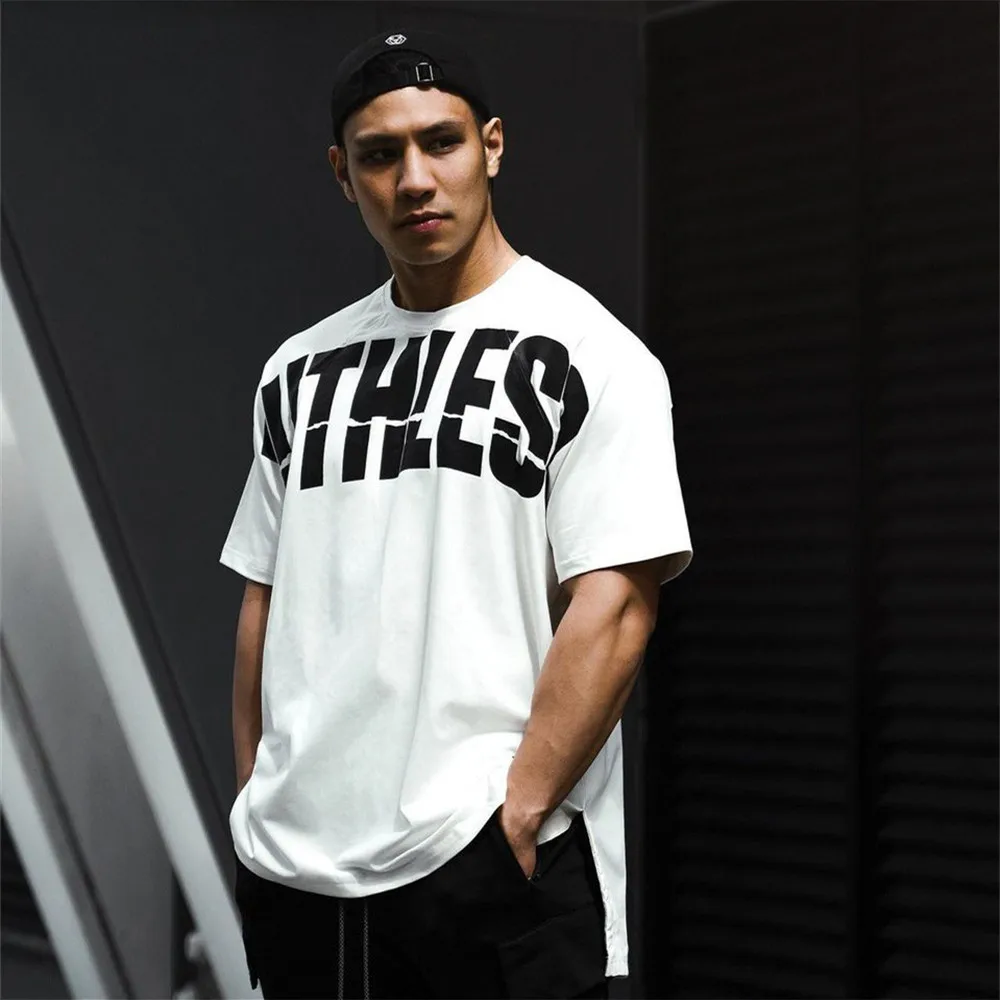 Kaus Gambar Cetak Kasual Katun Kaus Lengan Pendek Longgar Fitness Gym Pria Atasan Kaus Olahraga Musim Panas Mode Hip Hop