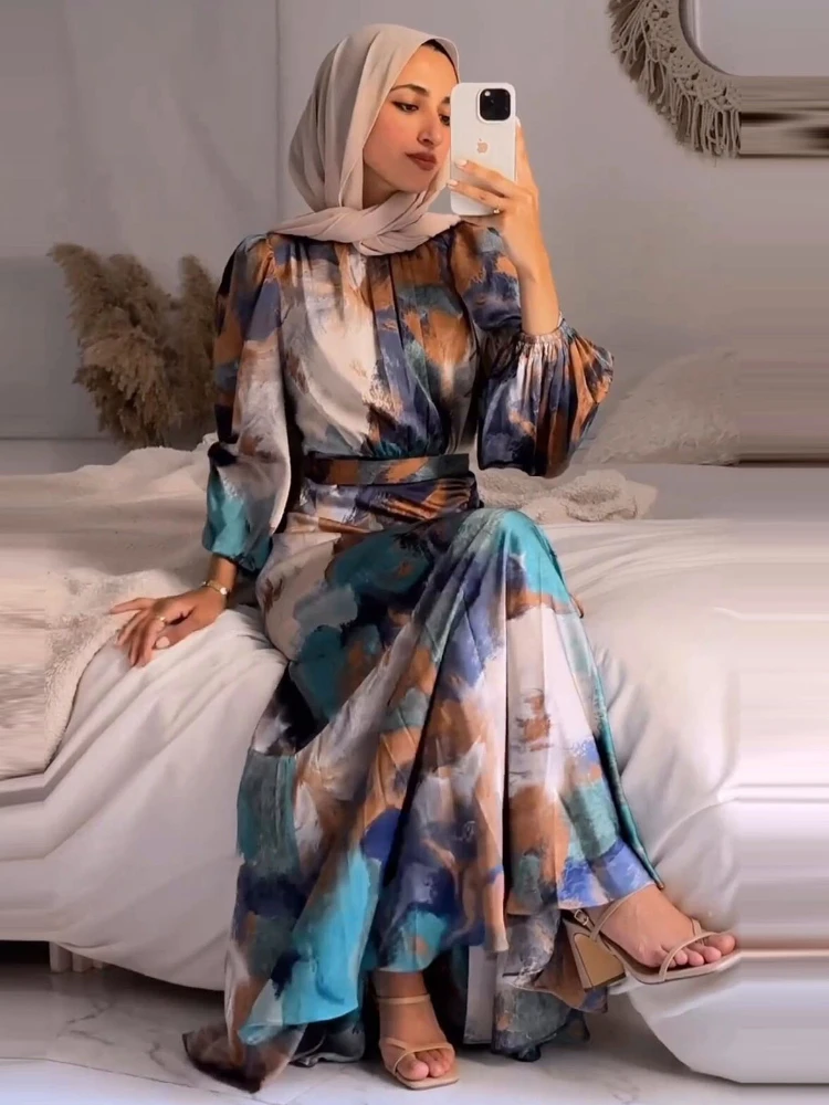 Eid, арабское мусульманское женское платье, абайя с принтом, длинные платья Jalabiya, марокканский кафтан, платья, Дубай, Рамадан, халат 2024