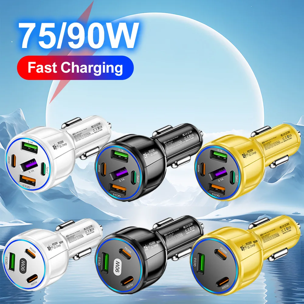 3/5-портовые автомобильные зарядные устройства USB мощностью 90 Вт, автомобильное зарядное устройство типа C, быстрая зарядка PD QC3.1, автомобильное зарядное устройство для iPhone, Xiaomi, Samsung, Huawei
