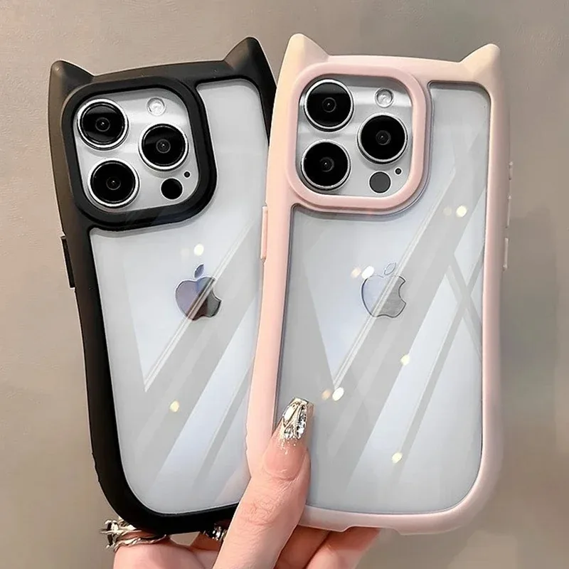 Фото Korean Cute Candy Color 3D Cat Ears Transparent Phone Case For iPhone 16 15 14 ProMax Plus 13 12 11 Pro Max Kawaii Soft Cover №3
