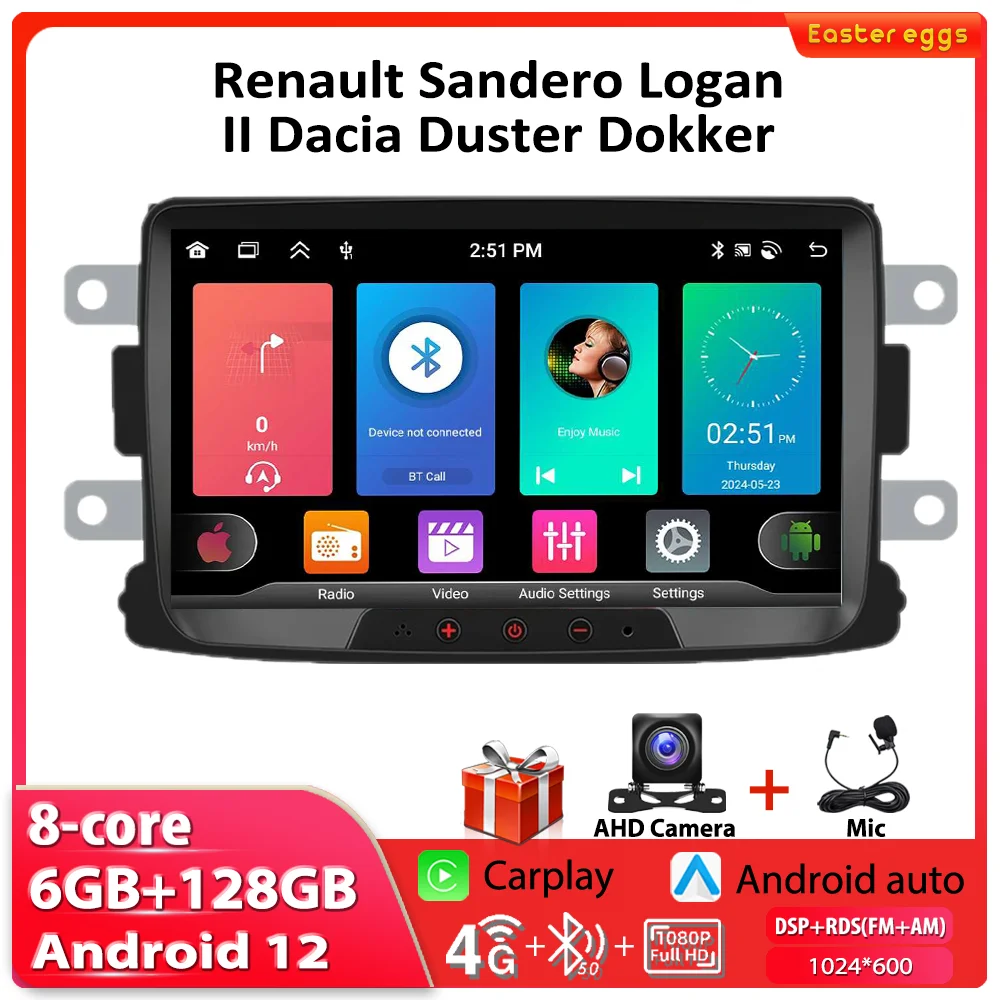 Автомобильный мультимедийный плеер 2DIN для Renault Sandero Logan II Dacia Duster Dokker с Apple Carplay Android GPS-навигаци...