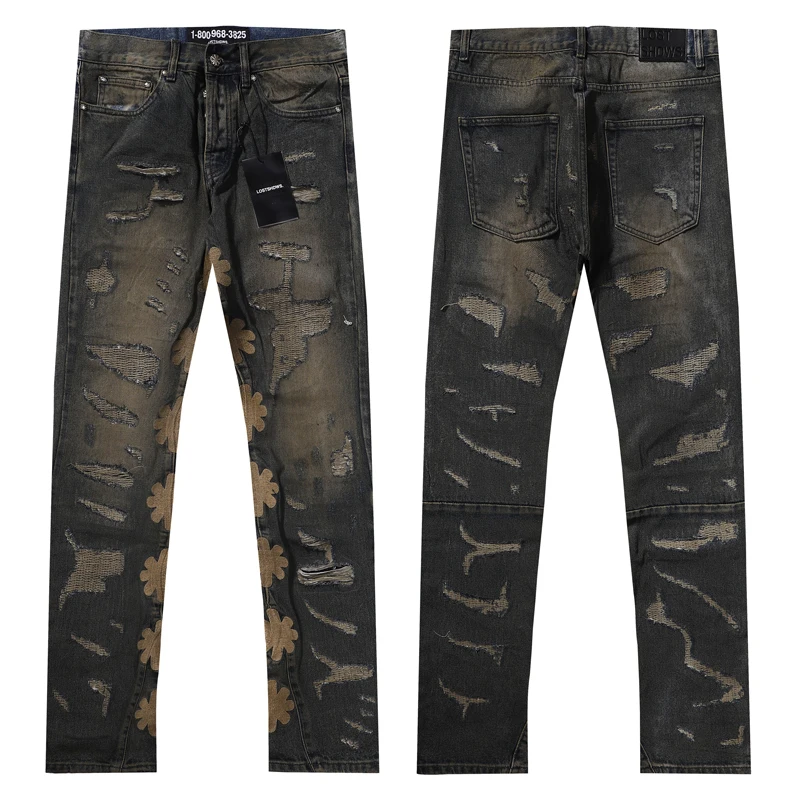 LOST SHDWS JEANS Новые американские ретро свободные прямые джинсовые брюки с вышитым цветочным логотипом мужская уличная одежда