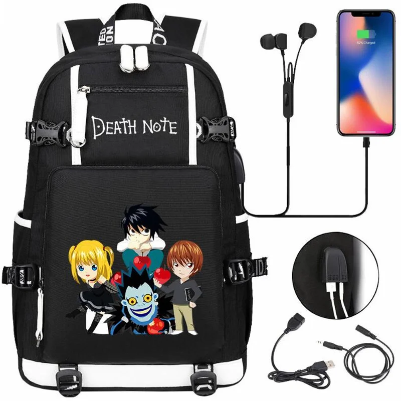 Рюкзак для подростков с аниме «Death Note», школьный ранец для студентов, повседневные черные дорожные сумки для ноутбука с USB-зарядкой для мужчин и женщин