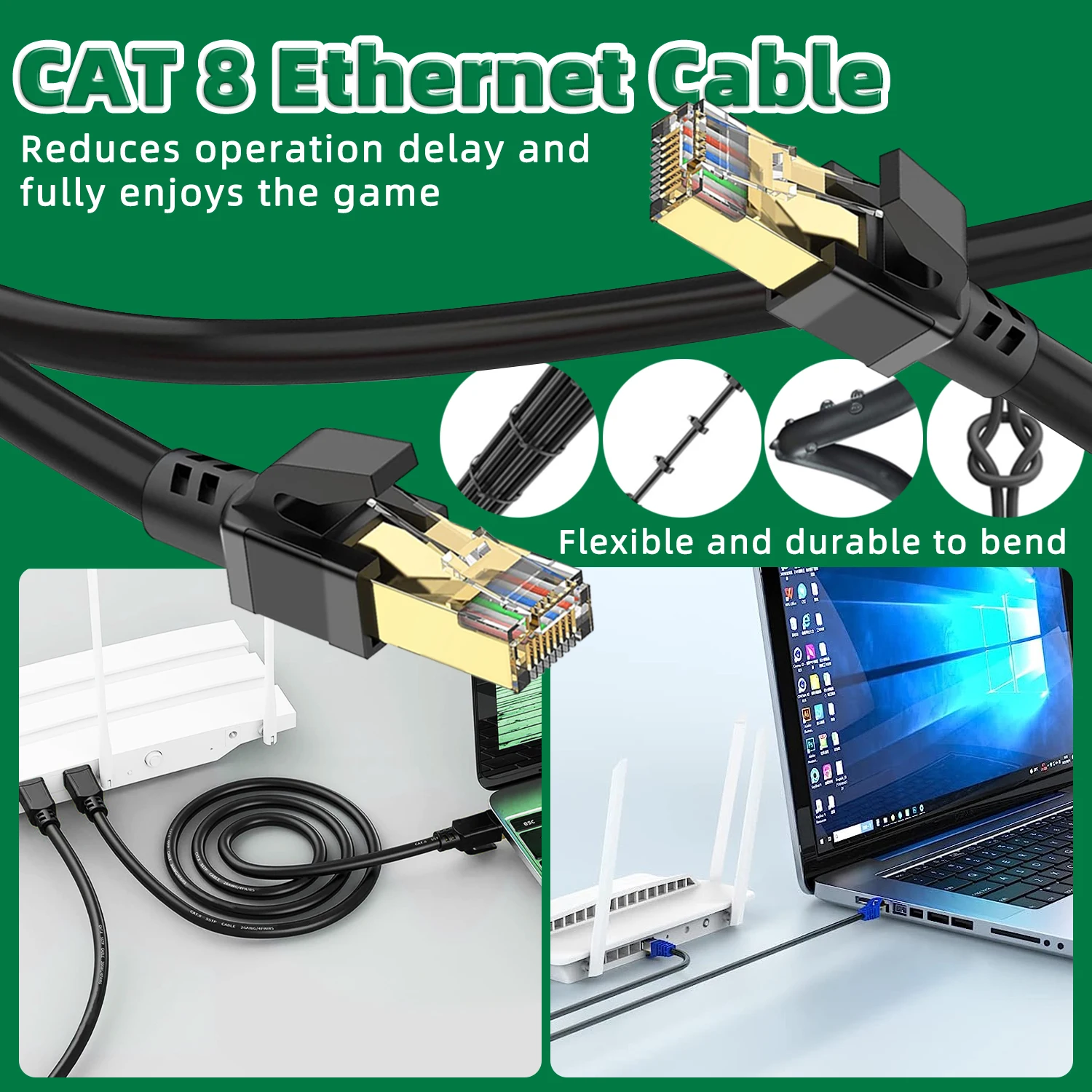 Фото Высокоскоростной Ethernet-Кабель WEISUDA CAT 8, 40 Гбит/с, 2000 МГц, RJ45, Соединительный шнур 5 м, 15 м, 30 м для маршрутизатора, модема, ПК, ноутбука, кабель Ethernet CAT8 №4