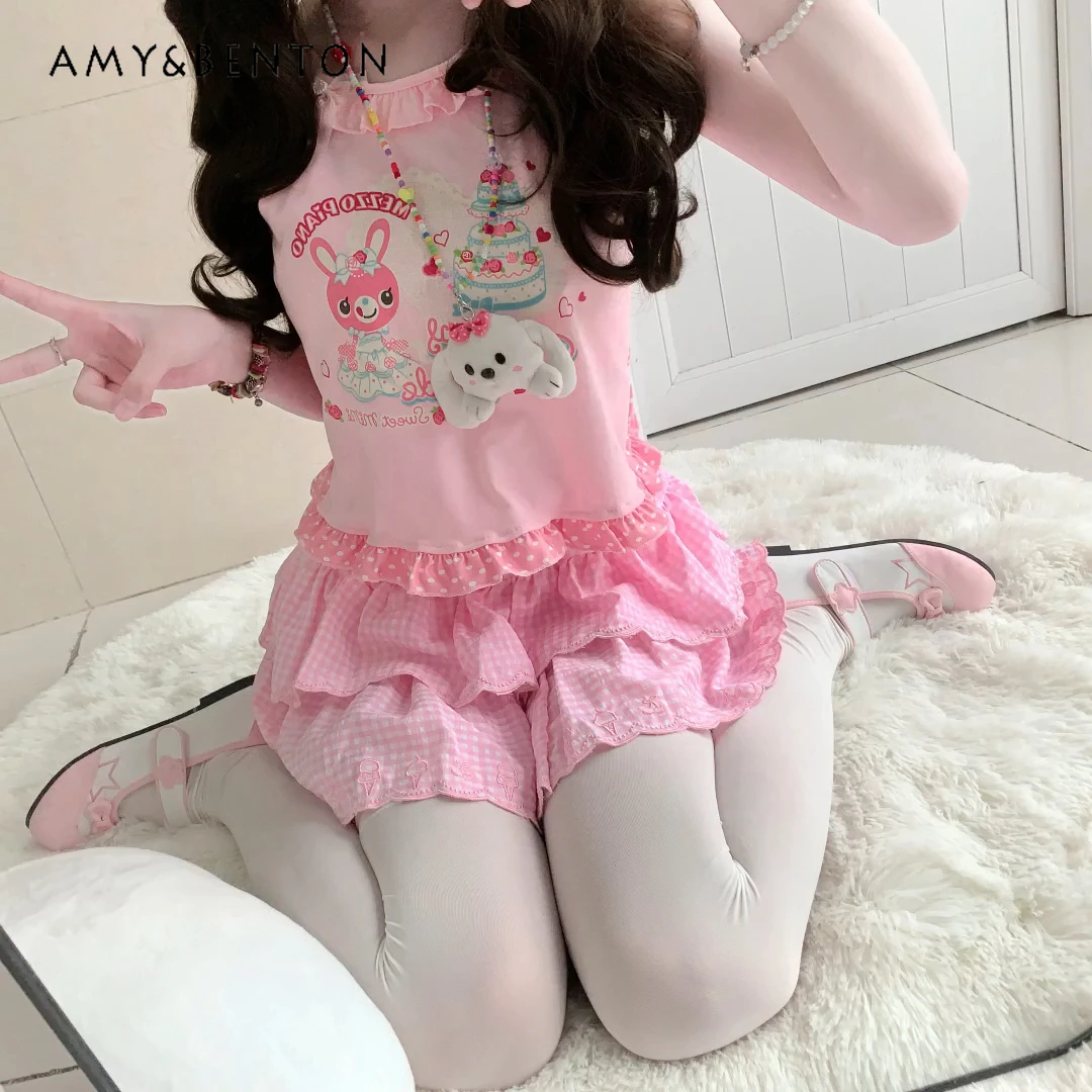 Фото Kawaii костюм в стиле девушки, милый милый мультяшный принт, рюшами по краям, топ без рукавов с круглым вырезом, многослойная юбка, комплект из двух предметов для женщин Y2K №3