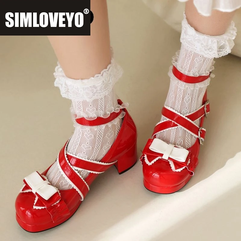 SIMLOVEYO Sweet Lolita Style Туфли-лодочки для девочек на блочном каблуке с бантом на щиколотке и пряжкой на ремешке Большой размер 44 45 46 47 48 Стресс Ежедневные женские Spri