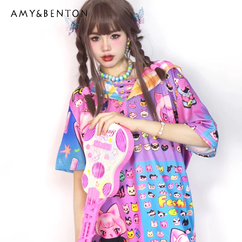 Новые женские футболки Kawaii, милые, крутые, темно-синие, с мультяшным анимацией, свободный принт, женская футболка с короткими рукавами, два в одном, платье