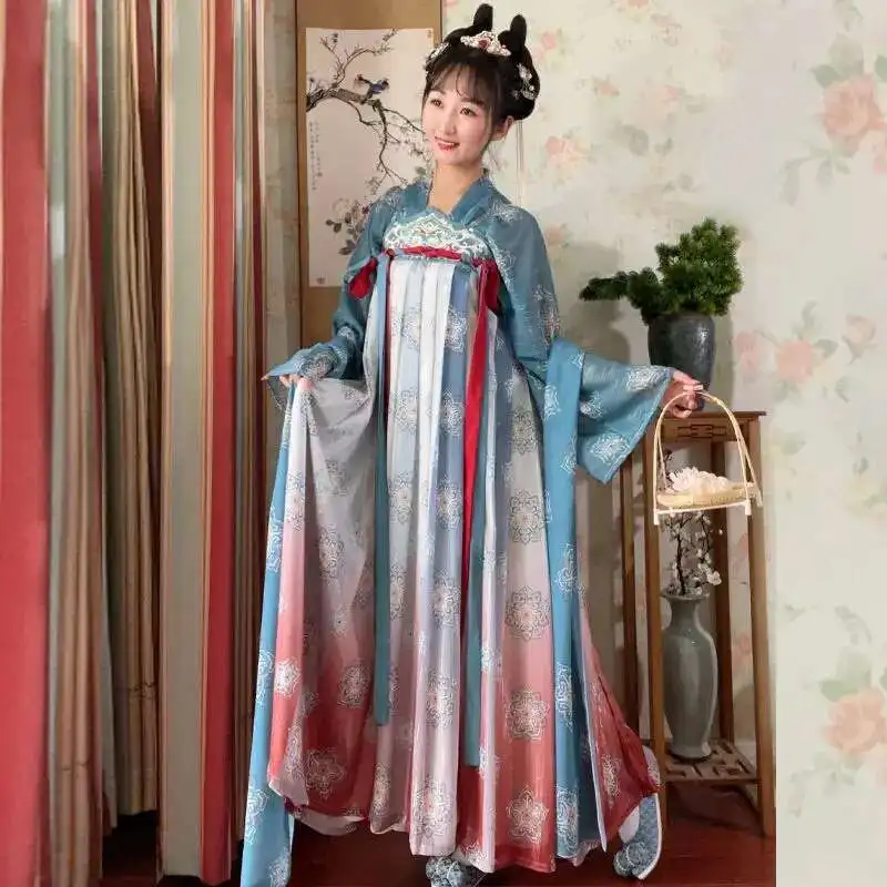 Элегантный женский костюм Тан Hanfu — весенний Qixiong Ruqun с цветочной вышивкой (классическое платье в традиционном китайском стиле)