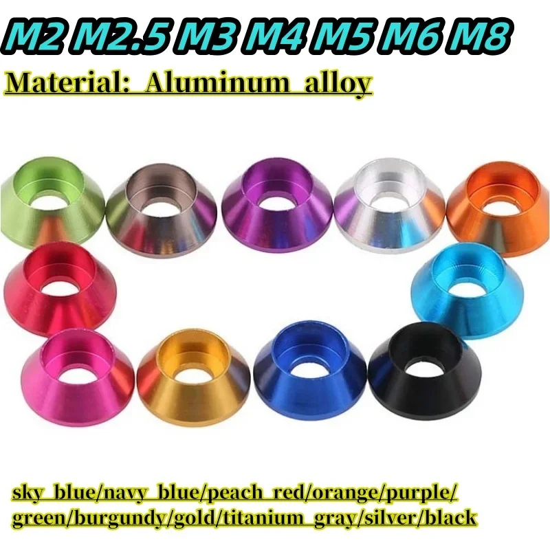 Коническая шайба M2M2.5M3M4M5 M6 M8 Цветная шайба из алюминиевого сплава Автомобильные детали с колпачком Винты Болты Шайбы 3-30 шт.