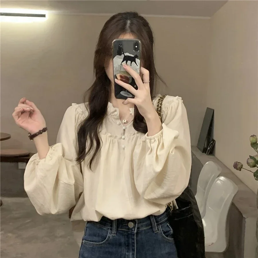 2025 Korean 2025 Ruffled Collar Blouses Women Sweet Autumn Solid Puff Sleeve Tops All-match Loose Single Breasted Shirt
