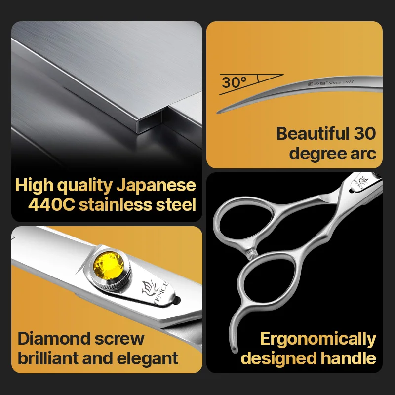 Фото Fenice Professional Yellow Diamond 7,0-дюймовые ножницы для ухода за собаками, набор ножниц из японской нержавеющей стали 440C для стрижки собак №2
