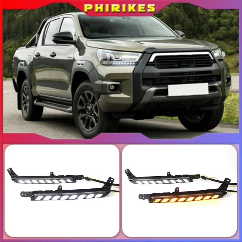 2 шт. автомобильные светодиодные фары дневных ходовых огней для Toyota Hilux Revo Rocco 2020 2021 желтый сигнал DRL дневного света