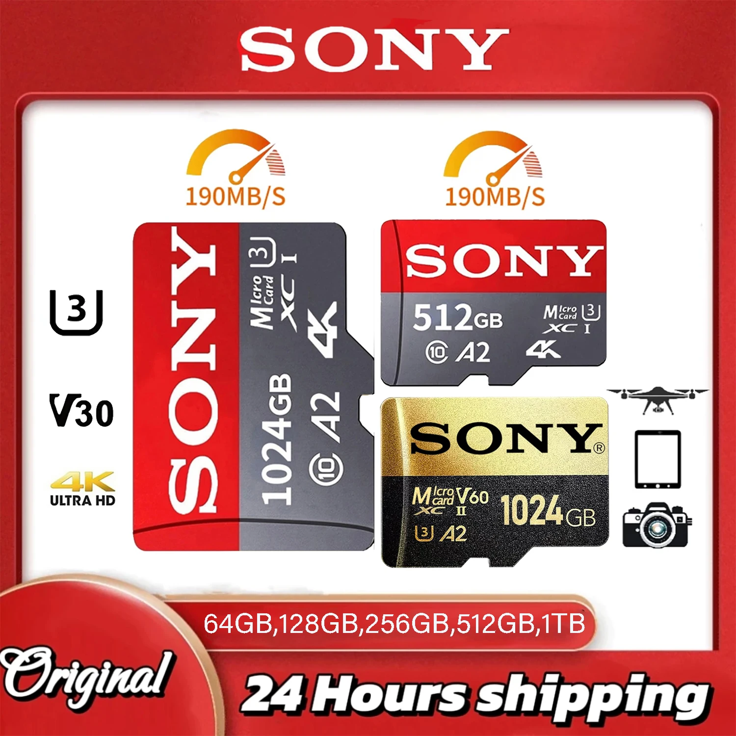 Карта памяти SONY SD 1 ТБ 512 ГБ Карта Micro SD TF 256 ГБ 128 ГБ U3 A2 Micro SD 64 ГБ Высокоскоростная карта Micro SD класса 10 Flash для телефона