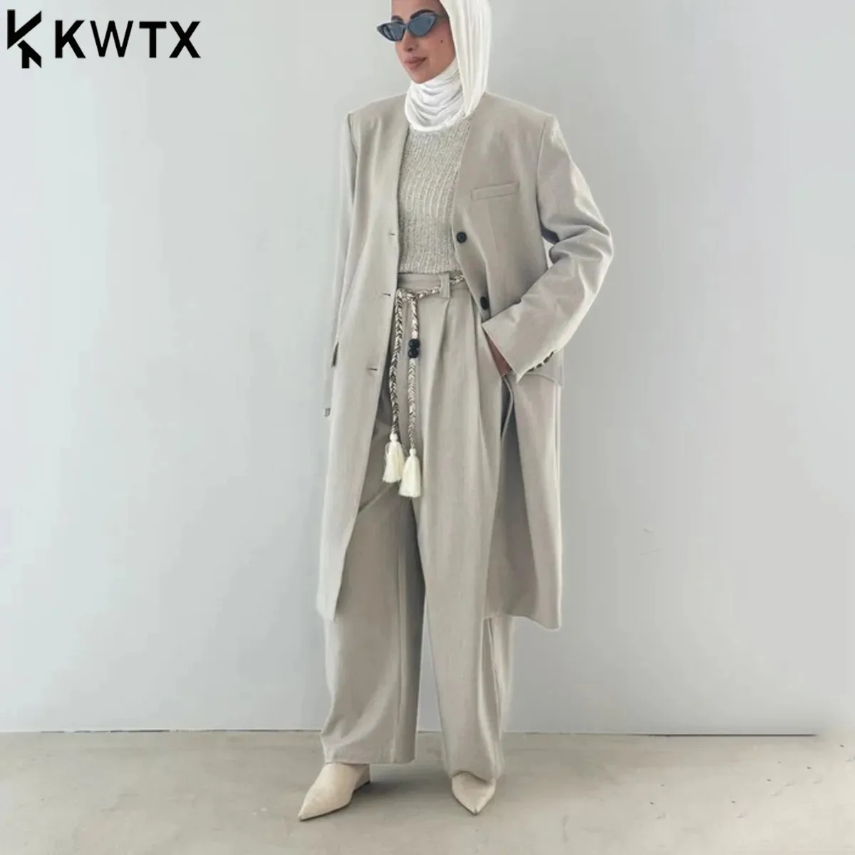 KWTX Эксклюзив 2025. Женский пиджак с круглым вырезом + комплект брюк на шнурке - модный офисный наряд высокого качества