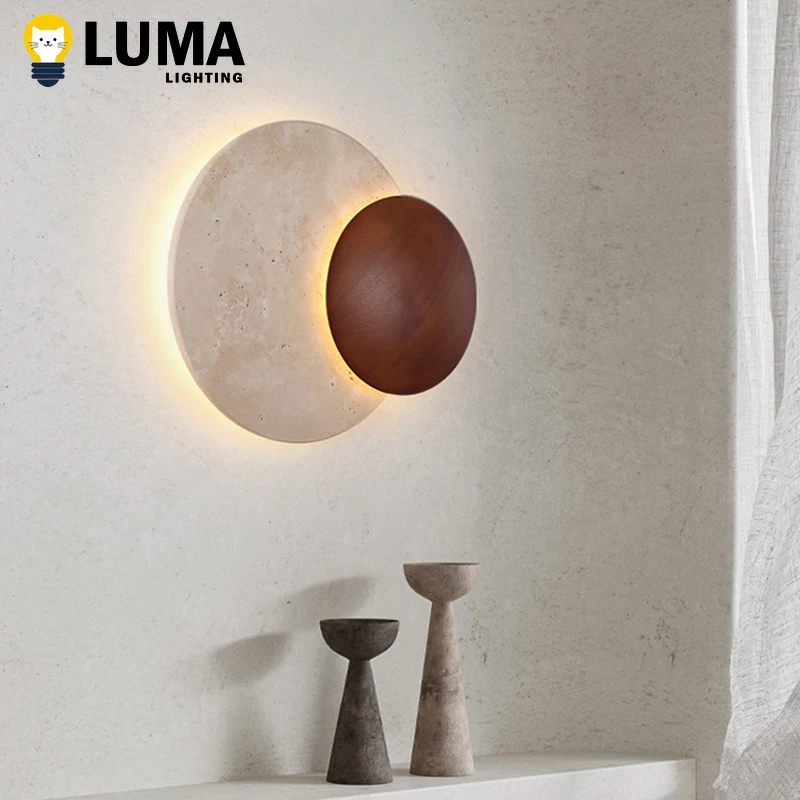 Фото Настенный светильник LUMA Cave Stone, натуральный желтый травертин, темное дерево, настенный светильник для внутреннего фойе, спальни, лестницы, ваби-саби, домашний декор №2