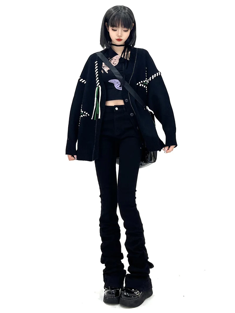 Фото REDDACHiC Harajuku однотонные черные джинсы в комплекте брюки гранж Y2k уличная одежда расклешенные брюки с рюшами по подолу женские брюки Acubi Fashion №3