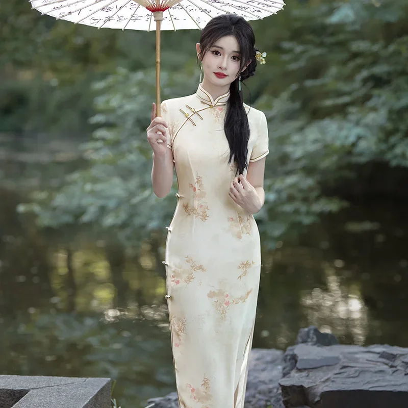 Новинка 2023 года, женское сексуальное платье Ципао Cheongsam, улучшенное платье в китайском стиле, повседневная верхняя одежда, двухслойное шифоновое банкетное платье, Vestidos Этническая одежда