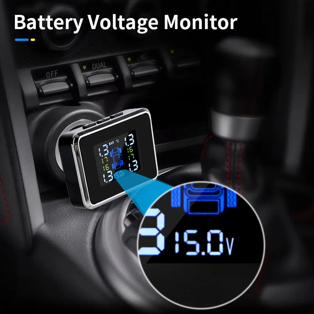Фото USB цифровая tpms система сигнализации давления в шинах автомобильная TPMS беспроводные универсальные датчики TPMS прикуриватель автоматическая охранная сигнализация №2