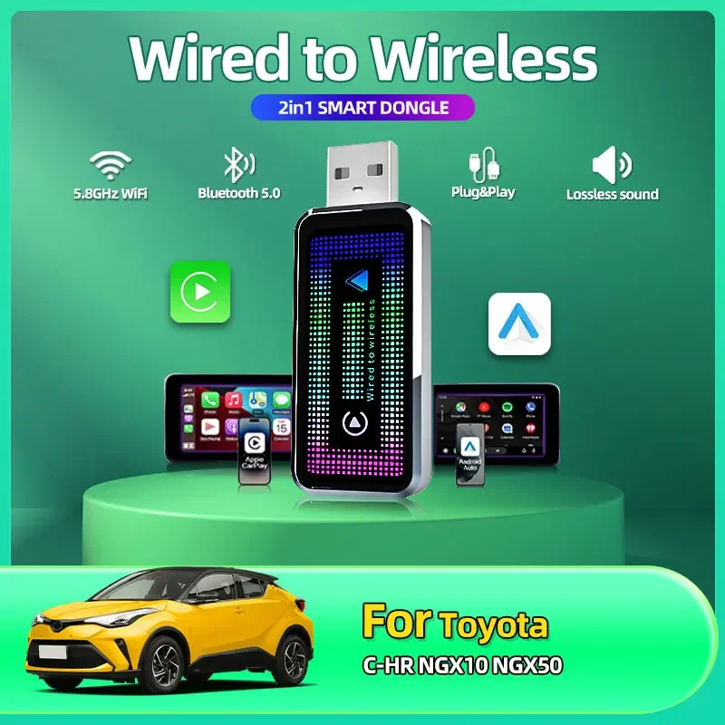 Беспроводной адаптер Android Auto, новинка 2025 года, мини-коробка 2 в 1, ключ для Apple Carplay для Toyota C-HR NGX10 NGX50