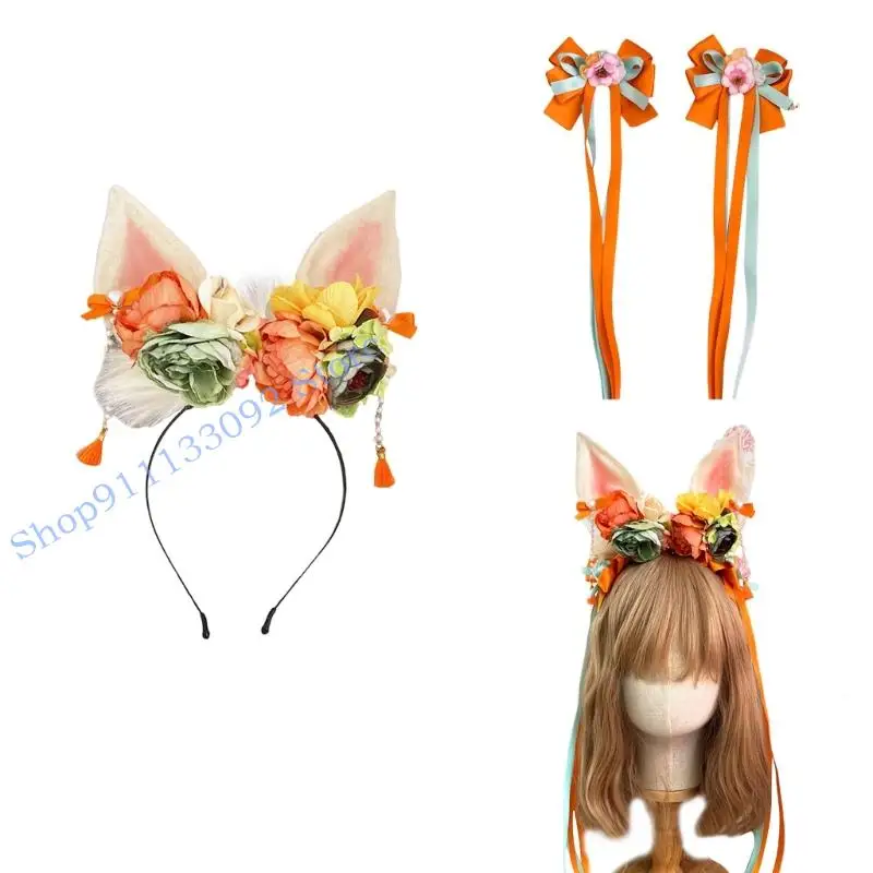 H9ED Цветочный кластер головные повязки для волос Clips Cosplay Headwear с ленточным мандарином луком