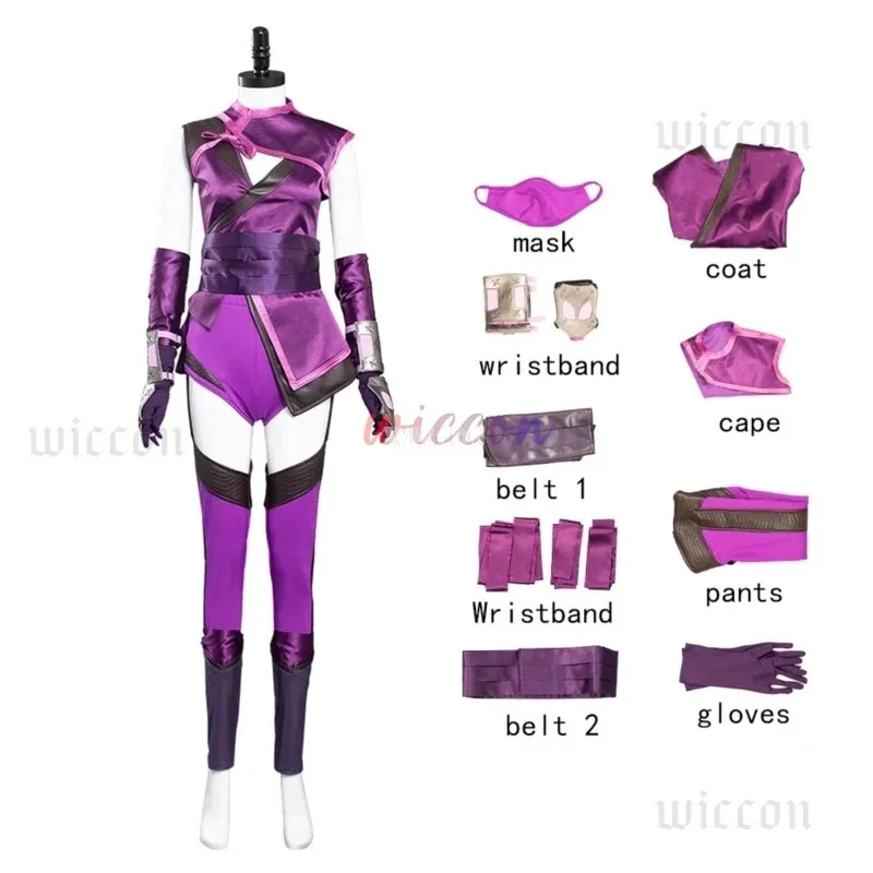 Игра Mortal Mileena Komba Костюм Полный комплект Сексуальная униформа фиолетового цвета для женщин Хэллоуин Косплей Наряды Карнавальный костюмx; 4'b,5;y,