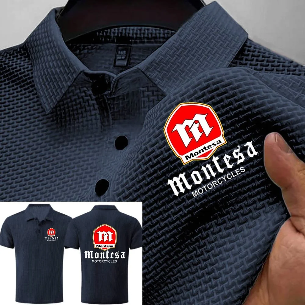 Фото Летняя элитная мужская футболка-поло с короткими рукавами Montesa, мотоциклетная футболка, сетчатая дышащая модная футболка из ледяного шелка, мужская одежда, топы с лацканами №3
