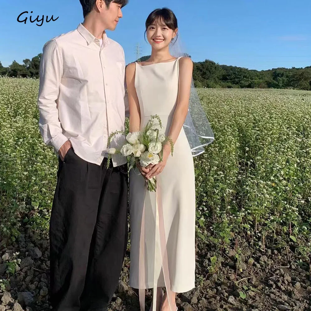 Простое прямое корейское свадебное платье Giyu для фотосессии с одной линией воротника длиной до щиколотки, мягкое атласное вечернее платье
