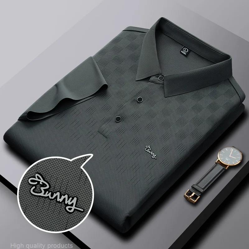 Kaus POLO Lengan Pendek Sutra Es Bersirkulasi Canggih Pria Kasual Mewah Kerah Atasan Musim Panas Fashion Kotak-kotak Bordir