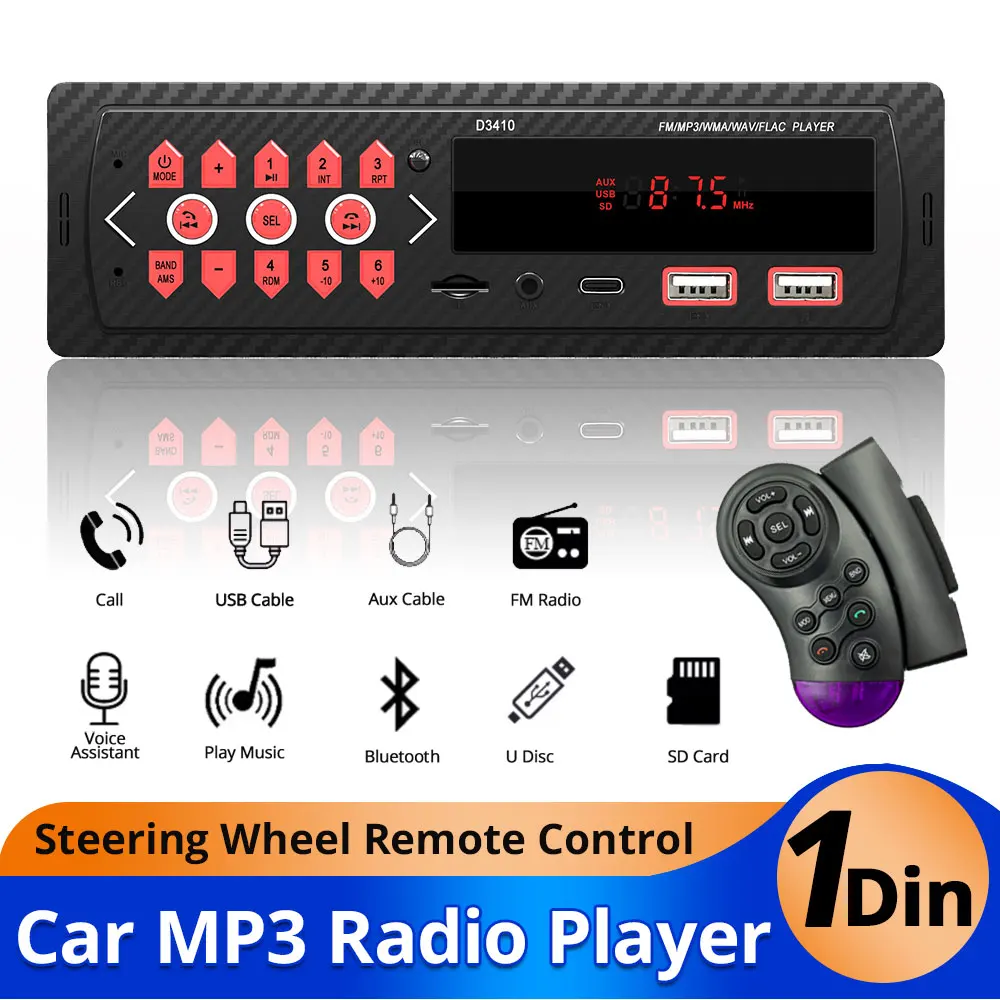 Автомобильный Mp3-радио, 1 DIN, мультимедийный плеер, стерео TYPE-C, зарядка, громкая связь, Bluetooth, двойной USB-пульт дистанционного управления, TF FM-приемник