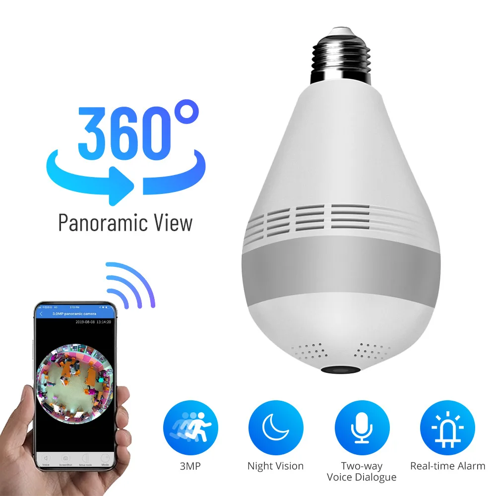 IP-камера DBIT с лампочками E27 2 МП с панорамным обзором 360°° Функция ночного видения для использования в помещении и на от...