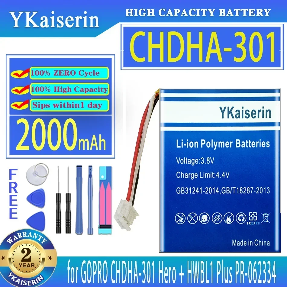 Запасной аккумулятор ykaisсеребрин 2000 мАч CHDHA301 для GOPro GO Pro CHDHA-301 Hero + HWBL1 Plus HWBL 1 Plus 1 Plus PR-062334 Bateria