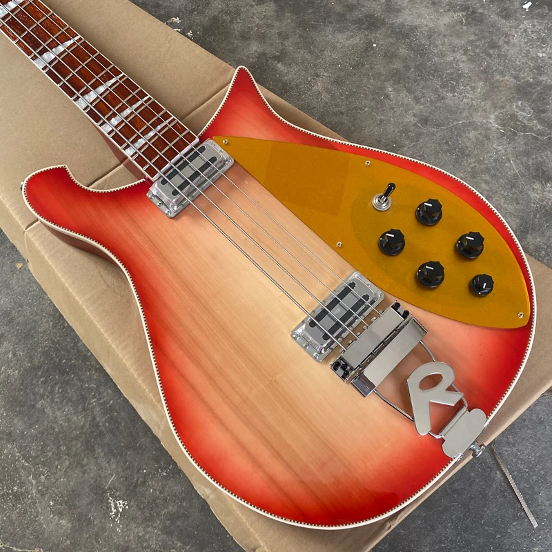 Электрическая бас-гитара Cherry Burst с 4 струнами, Gold Pickguard, Струнный мост в форме R, фингерборд из палисандра, бесплатная доставка