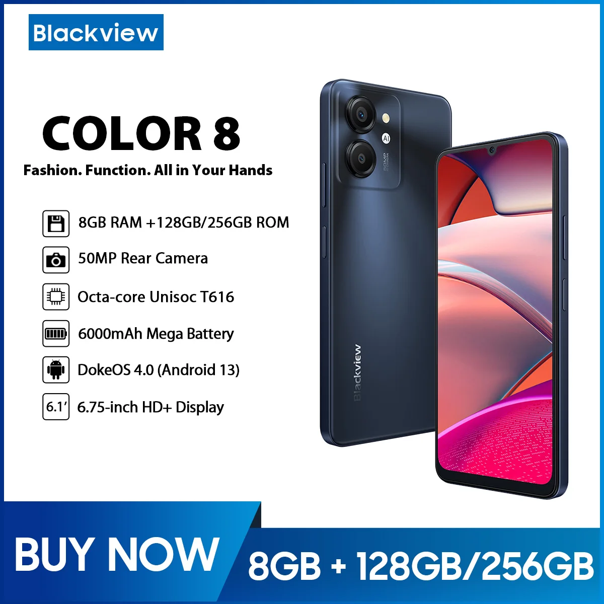 Смартфон Blackview COLOR 8, 6,75 дюйма, 90 Гц, 128 ГБ/256 ГБ, 50 МП, задняя камера, аккумулятор 6000 мАч, 18 Вт, быстрая зарядка, GPS, Android 13