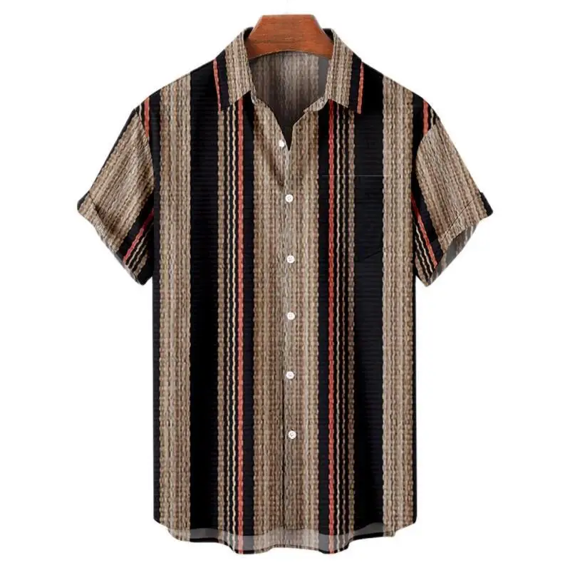 Фото Гавайские мужские полосатые рубашки для блузки, мужская Camisa Social, повседневный топ с короткими рукавами, негабаритная спортивная одежда, модная мужская винтажная одежда №2