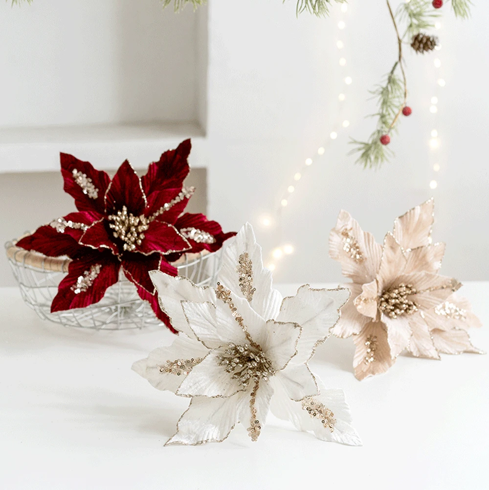 Блестящие Искусственные Рождественские цветы XmasTree, украшения для дома, поддельные цветы, Рождественское украшение, подвеска, Новогоднее украшение