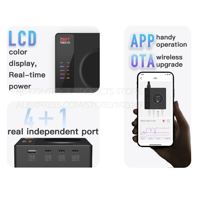 Фото Настольное зарядное устройство iSDT Power 200 Вт, ультра высокая мощность, 5 независимых каналов PD3.1, беспроводное зарядное устройство, подключение через приложение для iphone MacBook №4