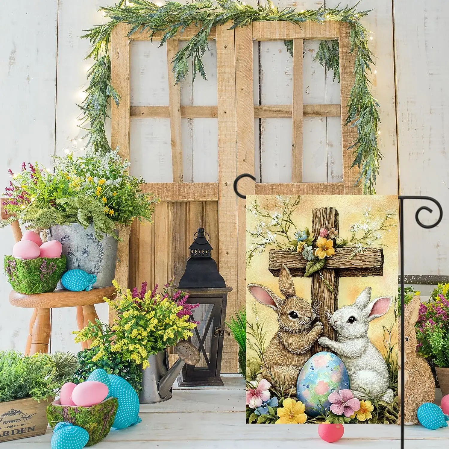 Фото Texupday счастливой Пасхи, религиозный крест, кролик, пасхальные яйца, цветочные украшения, вертикальный весенний праздничный садовый флаг, деревенский выход №5