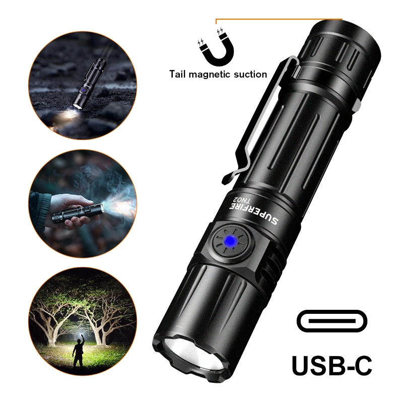 SUPERFIRE TN02 Мощный тактический фонарик 1800LM SST40 Светодиодный светильник USB Перезаряжаемый 18650 Встроенный фонарик с магнитным хвостом
