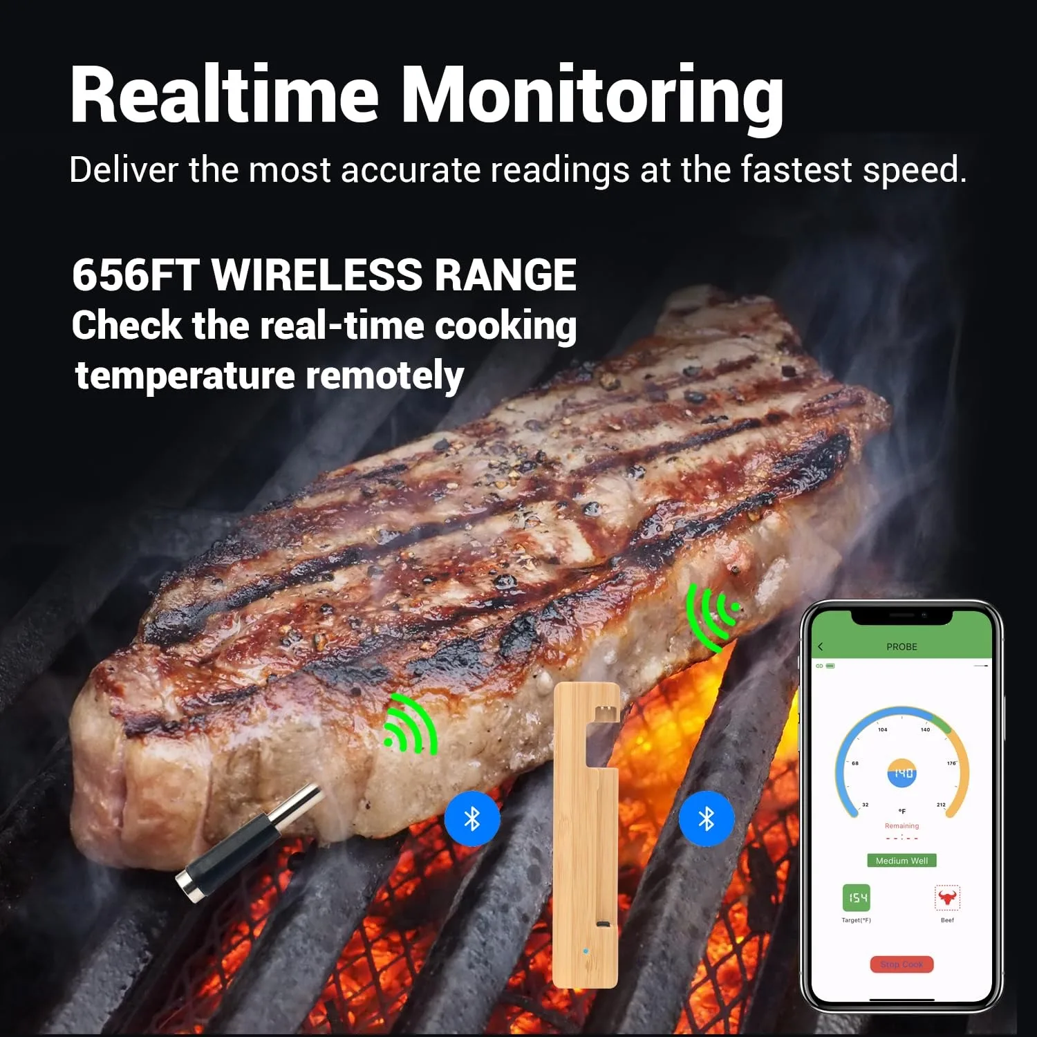 Фото Беспроводной цифровой термометр для мяса, дальний диапазон Bluetooth 5.2 с управлением через приложение, водонепроницаемость IP68, магнитные умные термометры для пищевых продуктов №2