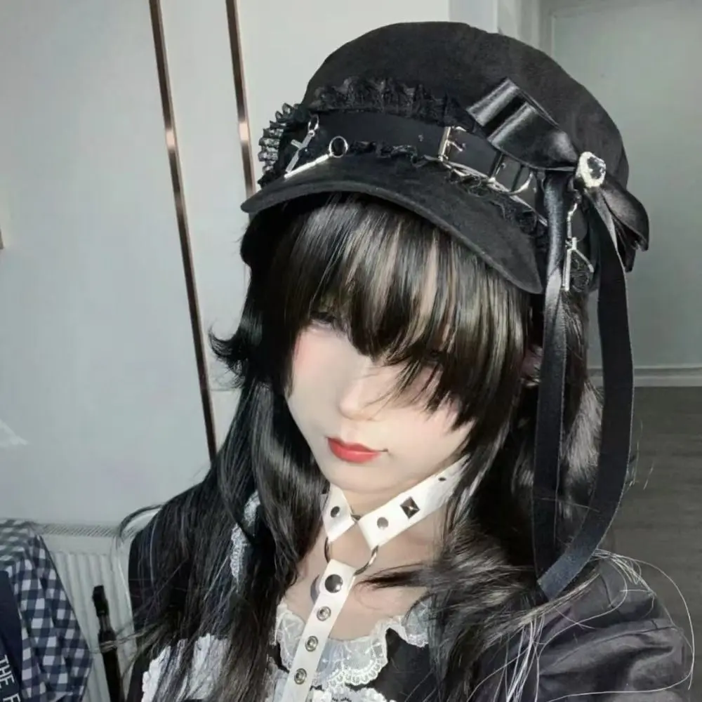 Фото Harajuku милая крутая стильная восьмиугольная шляпа с кружевной строчкой и бантом, женские шляпы Y2k, кавайная кепка в стиле Лолиты для девочек, кепка художника для взрослых и подростков №3