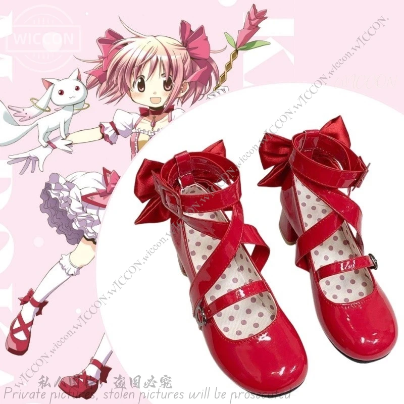 Женская обувь для косплея Kaname Madoka из аниме Puella Magi Madoka Magica, женские кожаные ботинки на высоких каблуках с красным бантом В Стиле Лолита, костюм на Хэллоуин, реквизит