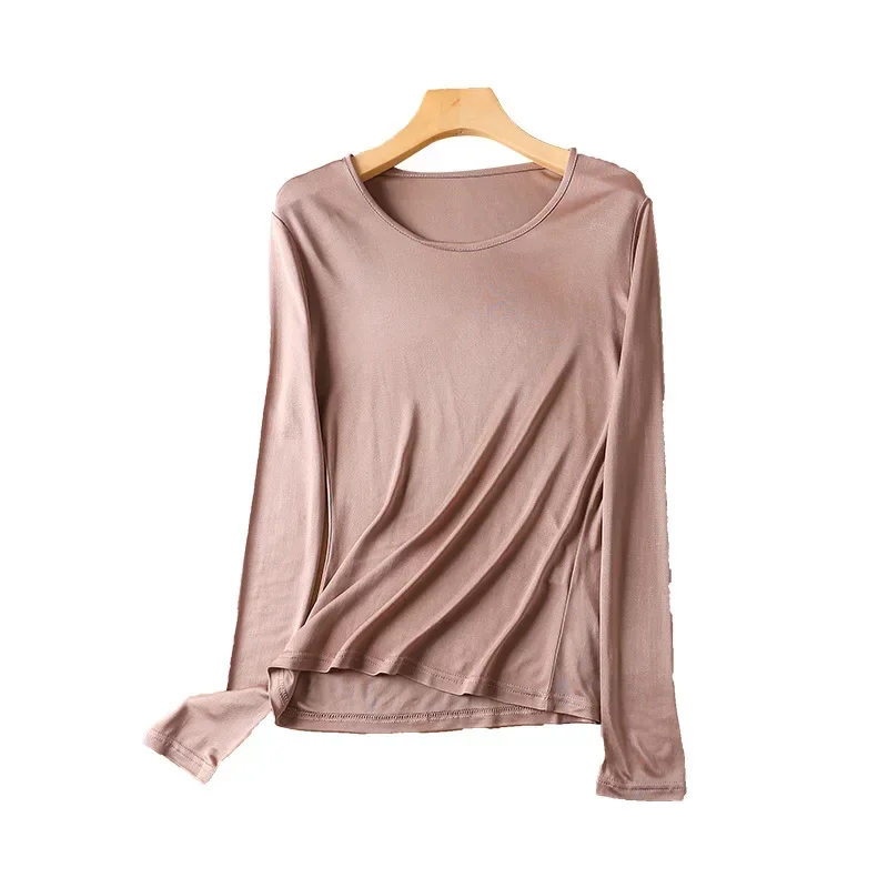 Фото Camiseta seda morera cálida para mujer, ropa abrigo manga larga, cuello redondo punto doble cara, Top Simple p №5