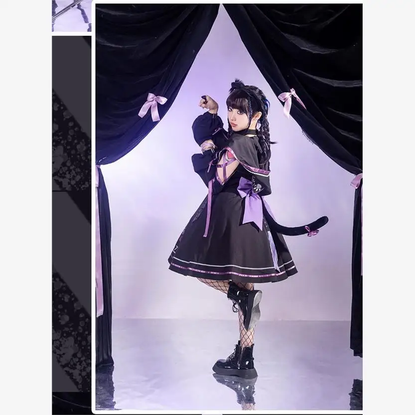 Фото Loita Cat Print Полный комплект FS Y2K COS Платье Костюм с открытыми плечами и капюшоном Короткое пальто Цвет сращивания Jsk Платье-пачка на подтяжках Лето №3