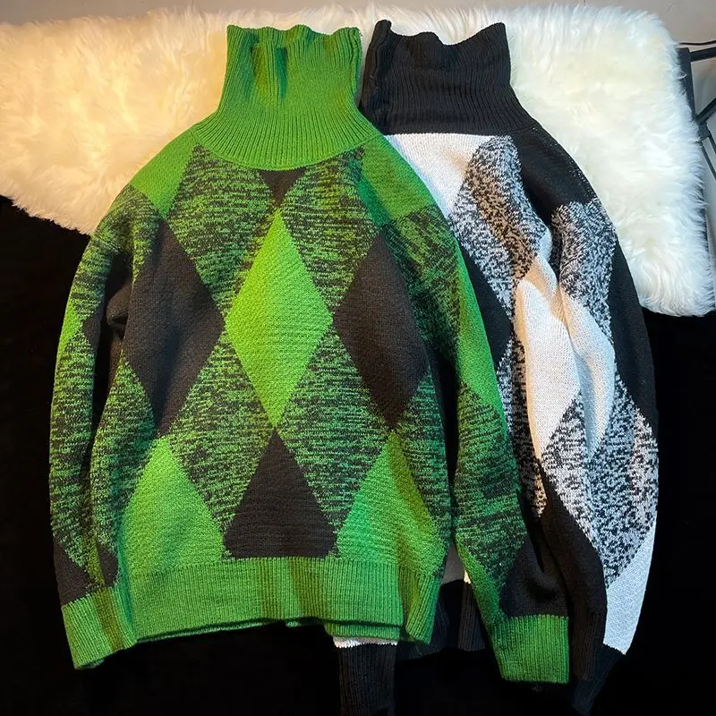 EBAIHUI Men's High Neck Sweater Loose Autumn Base Knitted Color Blocked Checkered Sweaters Long Sleeved Male's Pullover Tops (art.: 3920ca2900be0) - 3920ca2900be0