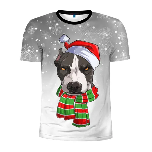Мужская футболка 3D спортивная Новогодний Питбуль / New Year's Pit bull