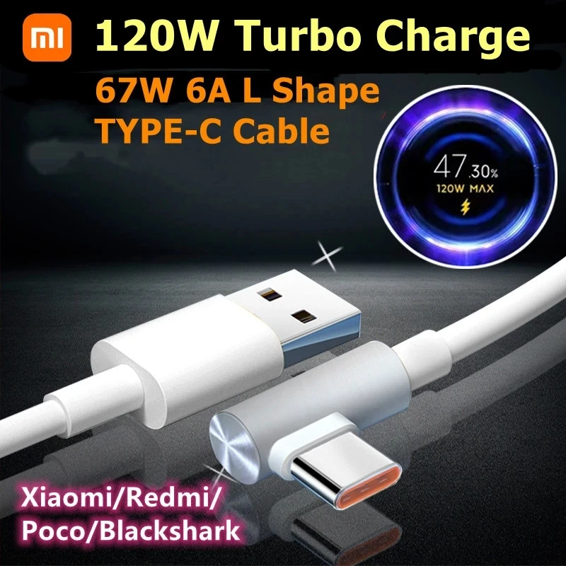 Оригинальный Xiaomi кабель 120 Вт а турбо зарядное устройство Usb C Cabos Колено 90 градусов быстрая зарядка Redmi Note 10 Mi 11 12 Poco Blackshark 5