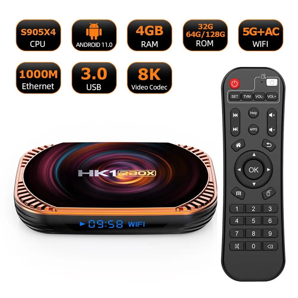 HK1 RBOX X4 ТВ-приставка Amlogic S905X4 4 ГБ 128 ГБ 1000M 8K 3D 2,4G и 5G двойной Wi-Fi медиаплеер Android 11 телеприставка