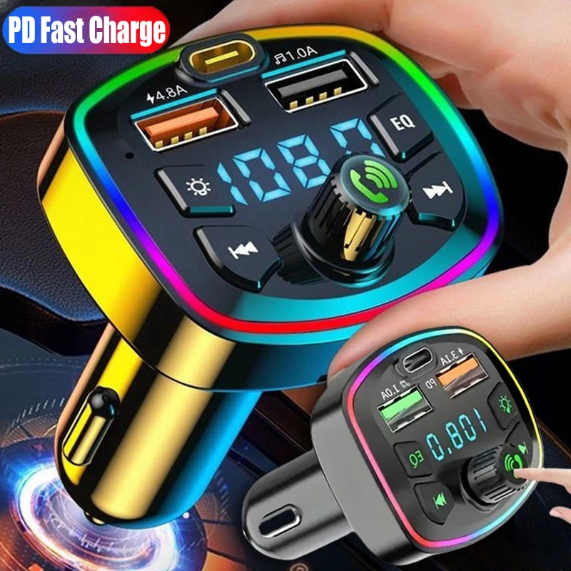 Автомобильный FM-передатчик Bluetooth 5,0 PD 18 Вт Type-C с двумя USB А, быстрое зарядное устройство, яркий цвет