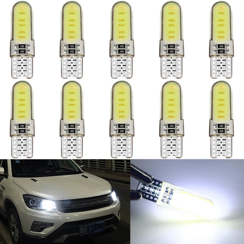 Светодиодная лампа T10 W5W 12 В COB 7000K, Белый Клин для автомобиля, боковой сигнал, подсветка салона, для Чтения номерного знака, водонепроницаемый силикон, 10 шт.