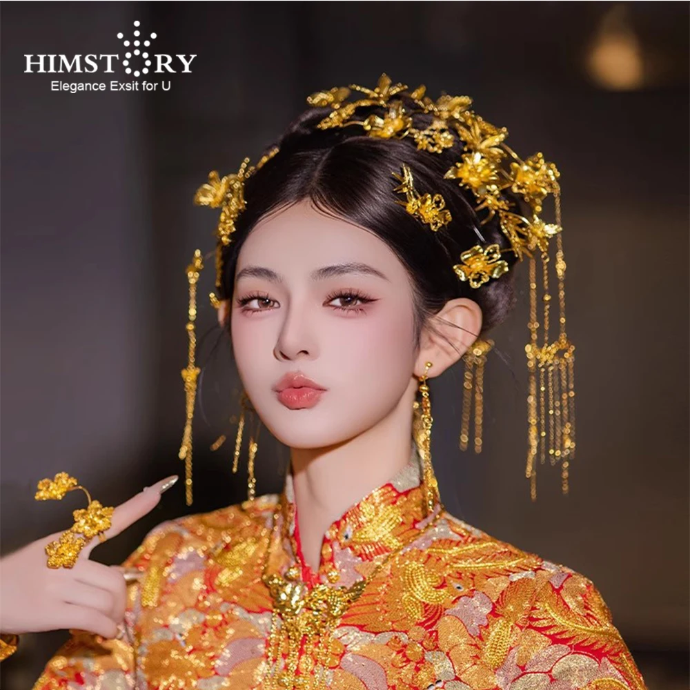 HIMSTORY Ретро Золотая одежда Xiuhe для невесты, головной убор в древнем стиле, цветок, кисточка, костюм ханьфу, комплект одежды для волос, аксессуары